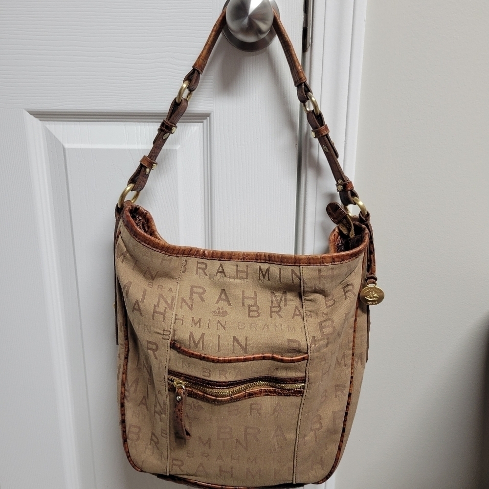 Brahmin Monogram Tan And Brown Canvas Croc Leather Shoulder Bag.